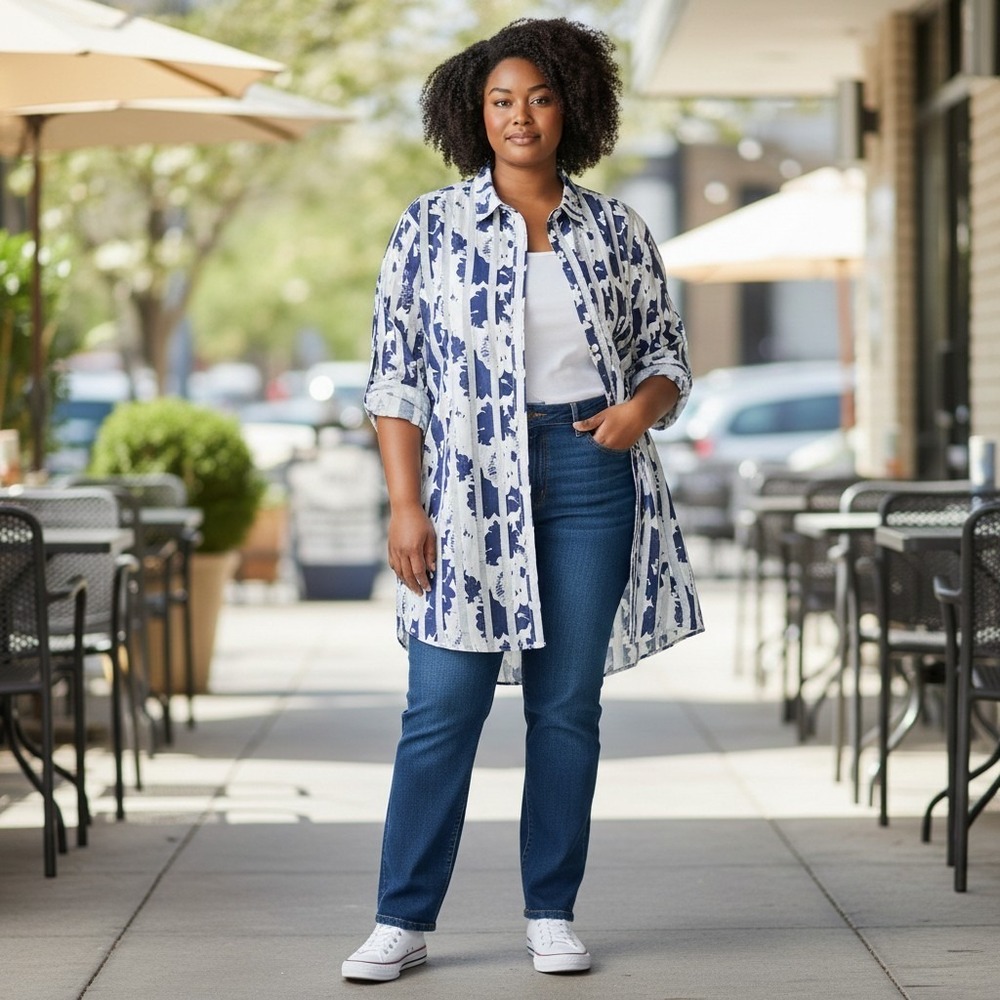 BOHO CHIC Linen Jacket Button Up Shirt M Striped‎ Blue Coastal Natural Lagenlook